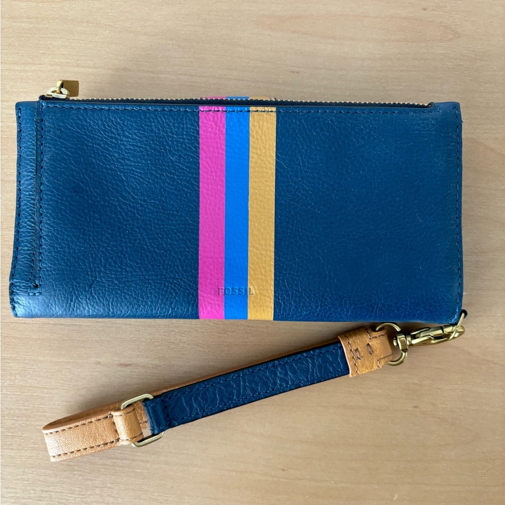 Fossil Navy Leather Wristlet Wallet with Tan, Blue and Pink Stripe - Picture 2 of 3